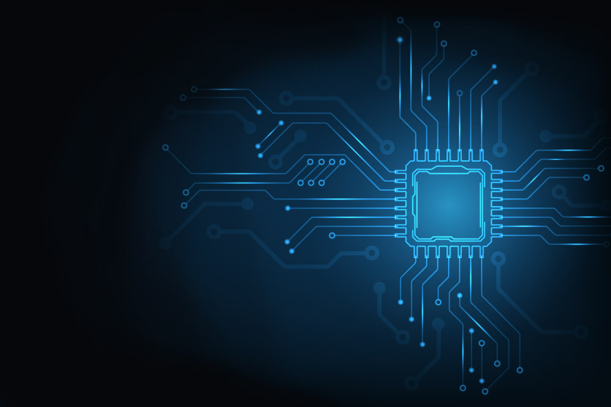 Blaue Mikrochip Grafik mit leuchtenden Leiterbahnen auf dunklem Grund